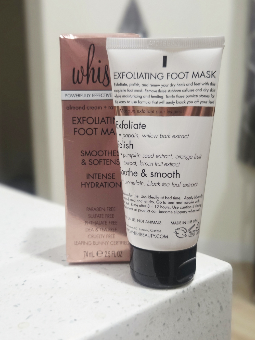 whish Exfoliating Foot Mask in White & Rose Gold Packaging